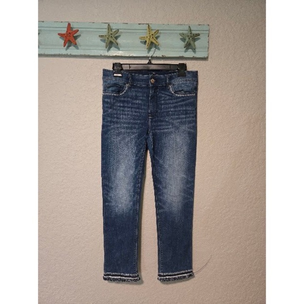 WHBM The Slim Crop Jeans Sz 4 Medium Wash Frayed Metallic Trim Hem Mid Rise